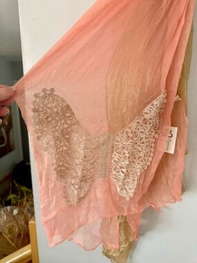 😸Memories Luxurious Peach Ombre Scarf with 3D Lace Butterflies & Sparkle